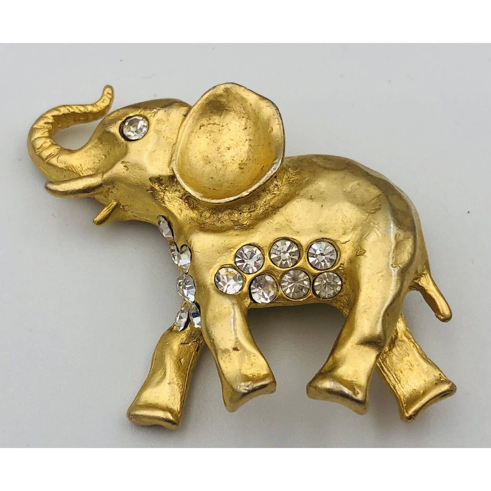 Norma Jean Elephant Goldtone Metal Brooch Pin Clear Rhinestone Trunk Up Jungalow